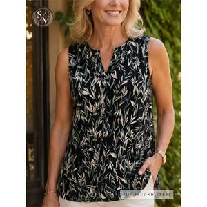 J. Jill Wearever Sleeveless Tunic Women Botanical Leaf Print Black XL